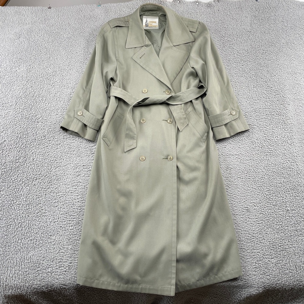 VTG London Fog Trench Coat Womens 12 Sage Green Belted Double Breasted
